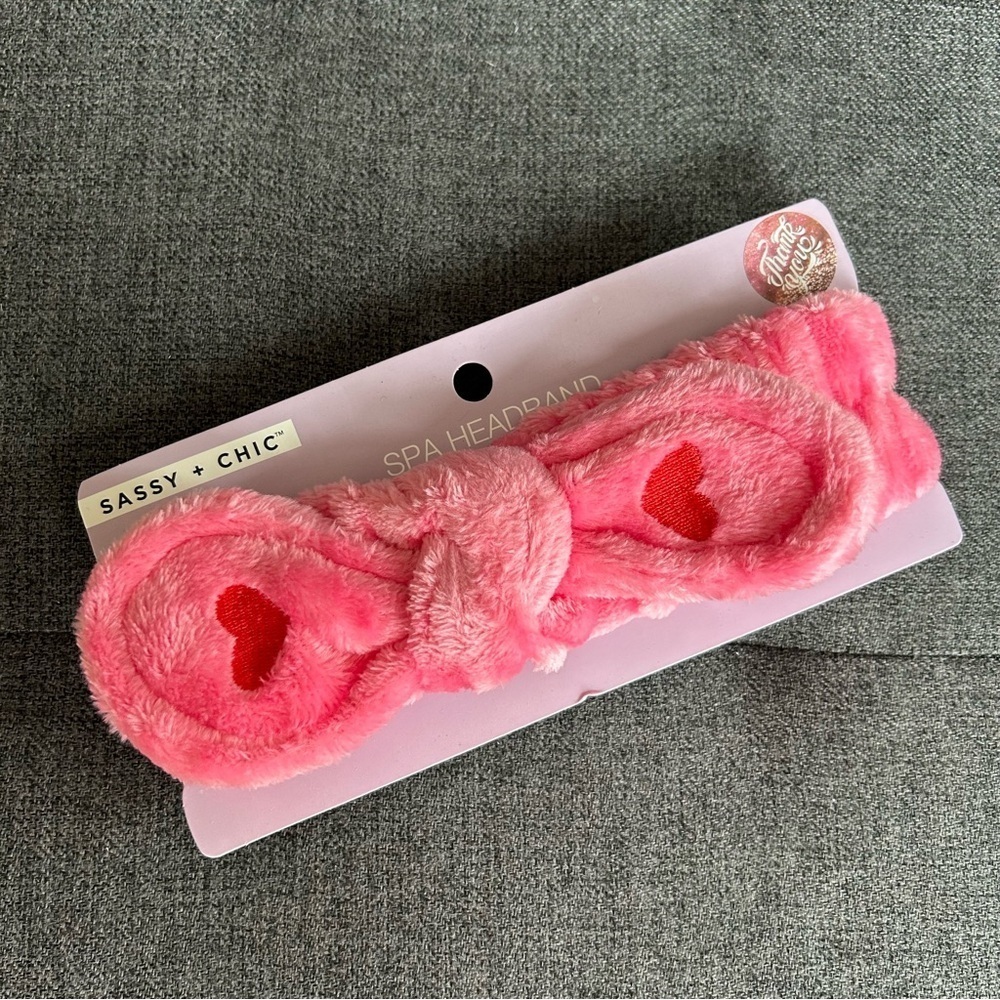 Pink Red Hearts Fuzzy Spa Headband Adult One Size